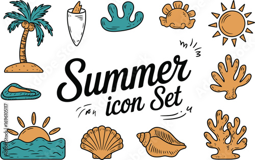 Summer vacation icons set for travel and holiday designs with palm tree and seashells for a beach theme