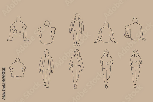 Collection of hand drawn line art figures in various poses on a textured background