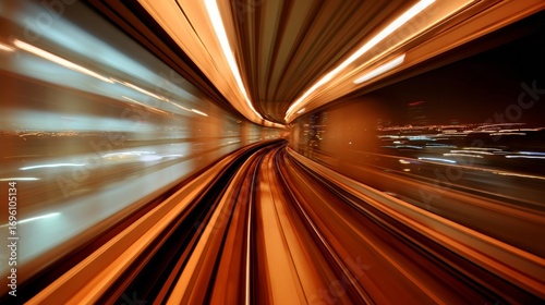 A high-speed train blurs through a subway tunnel at night,