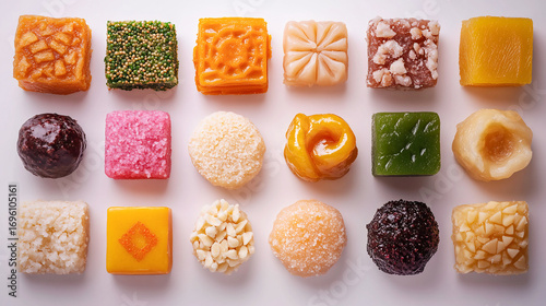 Set of delicious authentic Indian sweets, behsan laddu, soan papdri, gulam jamun, kaju katli, pista barfi, rasgulla, barfi and jalebi isolated on white background,