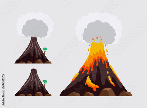 Volcano eruption steps isolated set. Vector graphic design illustration. Three volcans isolated on white background