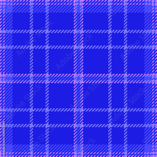 Content check textile plaid, performance fabric vector texture. 1950s seamless background tartan pattern in indigo and blue colors.