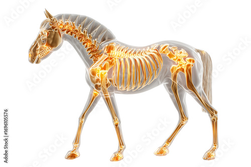 A Halloween skeleton horse with glowing bones, isolated on a transparent background.