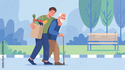 Young man helps elderly man walk with groceriesYoung man helps elderly man walk with groceries