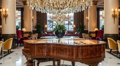 Opulent hotel lobby featuring a grand piano beneath a sparkling crystal chandelier