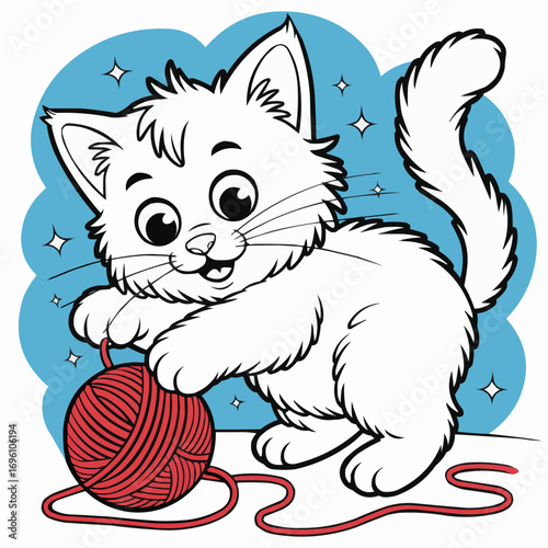 Fluffy White Kitten Playing with Red Yarn in Whimsical Cartoon Scene with Sparkling Stars