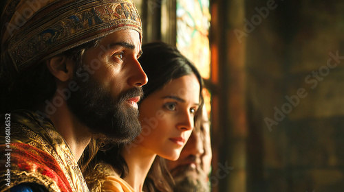 Stained glass depicting the presentation of Jesus in the temple, Simeon and Anna the prophetess meet Jesus, whom his parents brought to the temple. Candlemas Day