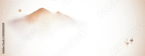 Minimalist sumi-e vector background with misty mountains and a small sailboats on calm water in vintage style. Traditional Japanese ink wash painting sumi-e. Hieroglyph - happiness