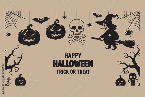 Happy halloween trick or treat illustration with witch pumpkins skull bats and spiders