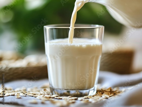 Oat milk being poured into a glass, creamy and smooth