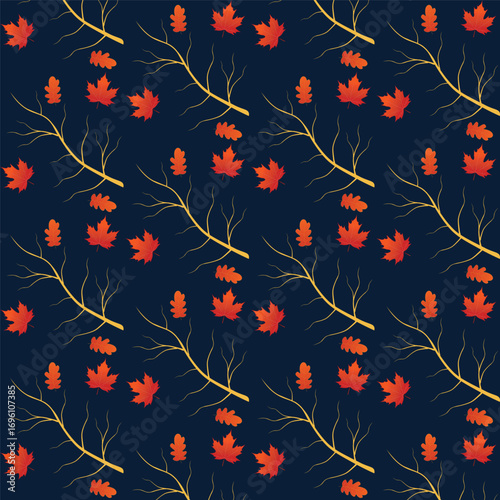 Print Autumn leaves pattern stylized fall foliage with vibrant leaves seasonal themed background illustration  wrapping paper, textiles, fabric, card, backgrounds, seasonal products, stroy,