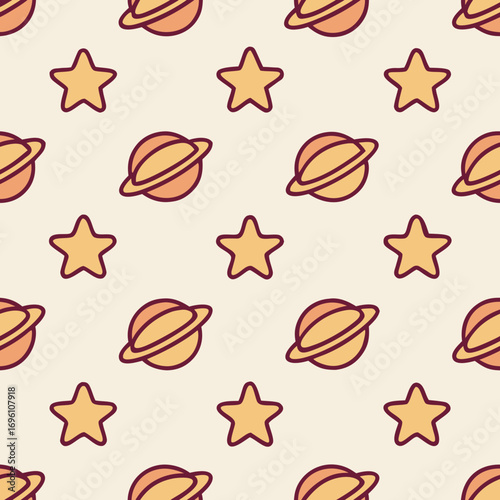 Seamless pattern featuring stars and saturns on a light background for textile design