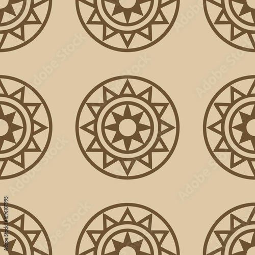 Seamless pattern with geometric sun symbols in brown on a tan colored background