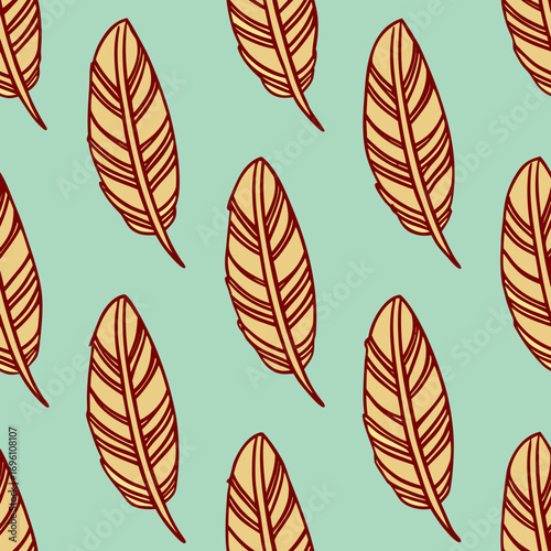 Seamless pattern of stylized feathers on a light blue background for textile art
