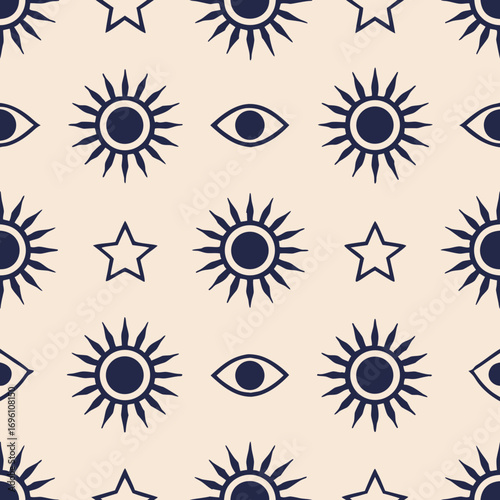 Seamless pattern with suns stars and eyes in a repeating design for backgrounds
