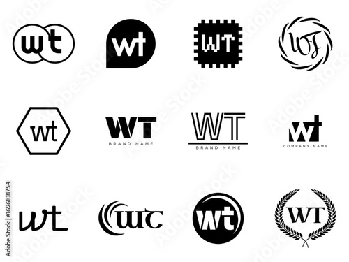 WT logo company template. Letter w and t logotype. Set different classic serif lettering and modern bold text with design elements. Initial font typography.