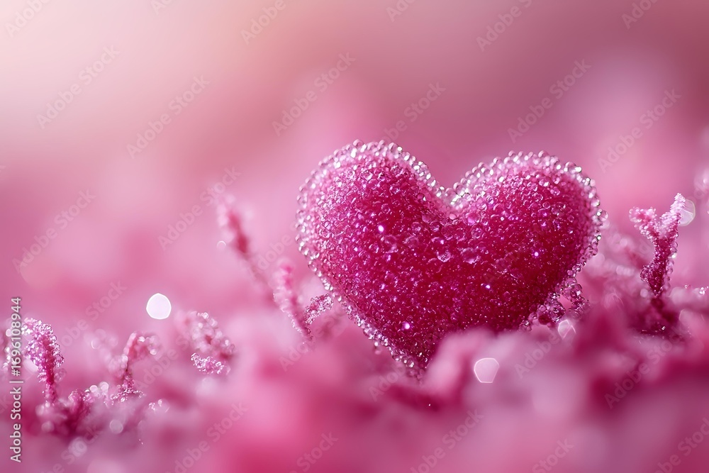 Fototapeta premium Sparkling pink heart shape covered in delicate frost crystals against soft blurred background with magical bokeh lights, romantic winter holiday concept.