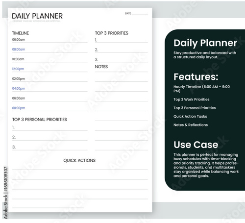 Daily Planner Template Printable Organize Your Life with Time Blocking Task Management and Priority Setting for
