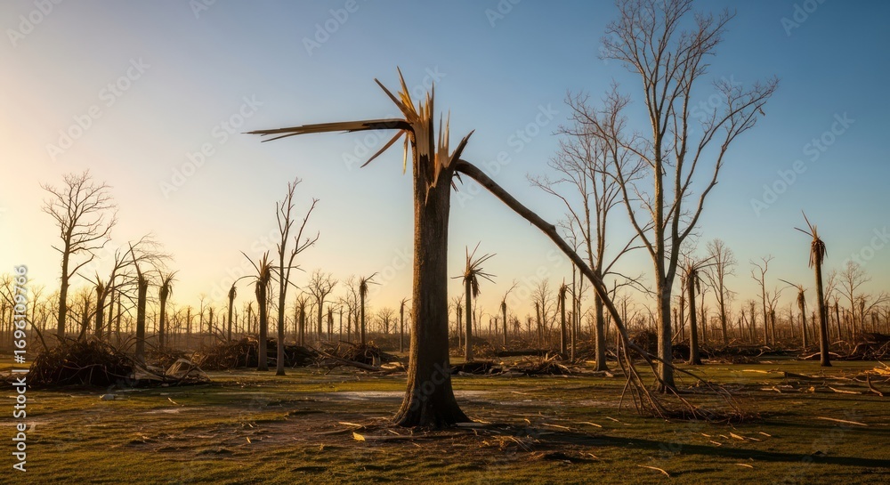 Obraz premium Landscape of devastation featuring snapped and splintered trees after a natural disaster in a