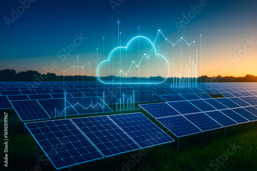 Solar Farm with Cloud Analytics Dashboard, Smart Energy IoT, Neon Blue at Sunset, Copy Space