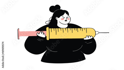 Cartoon illustration of woman holding weight loss injection modern hand drawn style