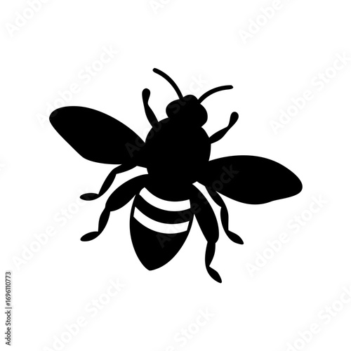 Detailed black silhouette of a bee with wings and striped body