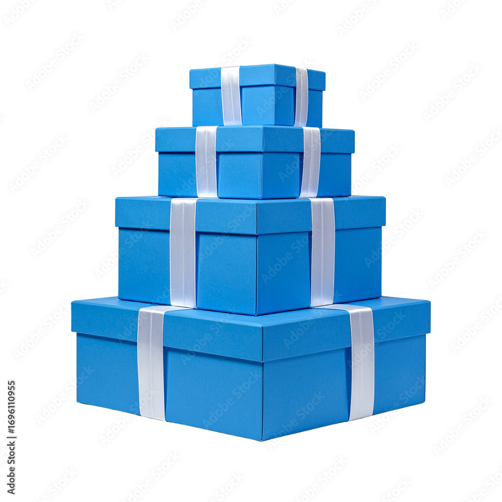 Obraz premium A stack of blue boxes with white bows on top 