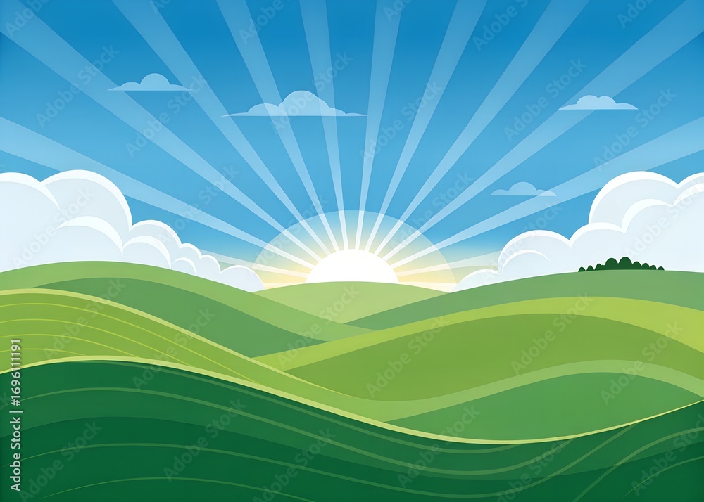Obraz premium Stylized sunrise landscape with rolling green hills, radiant sunbeams, a gradient blue sky, and a small cluster of trees near the horizon. Peaceful and vibrant.
