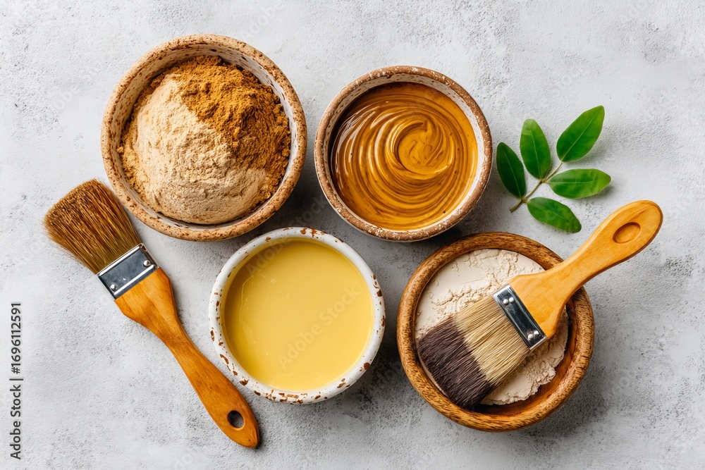 Fototapeta premium Various natural ingredients and tools arranged on a gray surface for skincare or cooking preparations