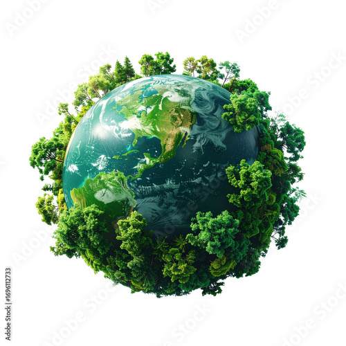  A green globe with trees surrounding it 