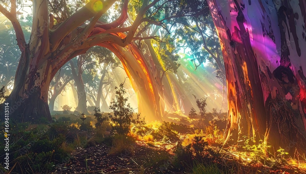 Obraz premium glowing artifact weaving reality in rainbow eucalyptus grove