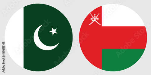Circular Flags of Oman and Pakistan on Grey Background , International Unity Symbol