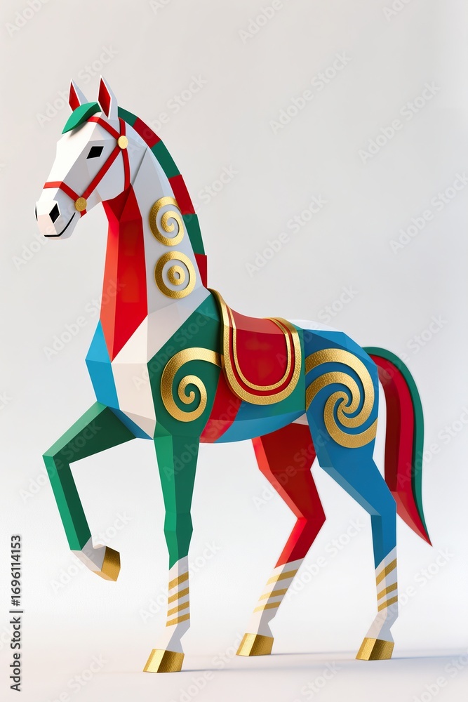 Obraz premium A surreal, simple 3d artwork of Stylized geometric horse with golden patterns and festive colors, modern Asian art, white background