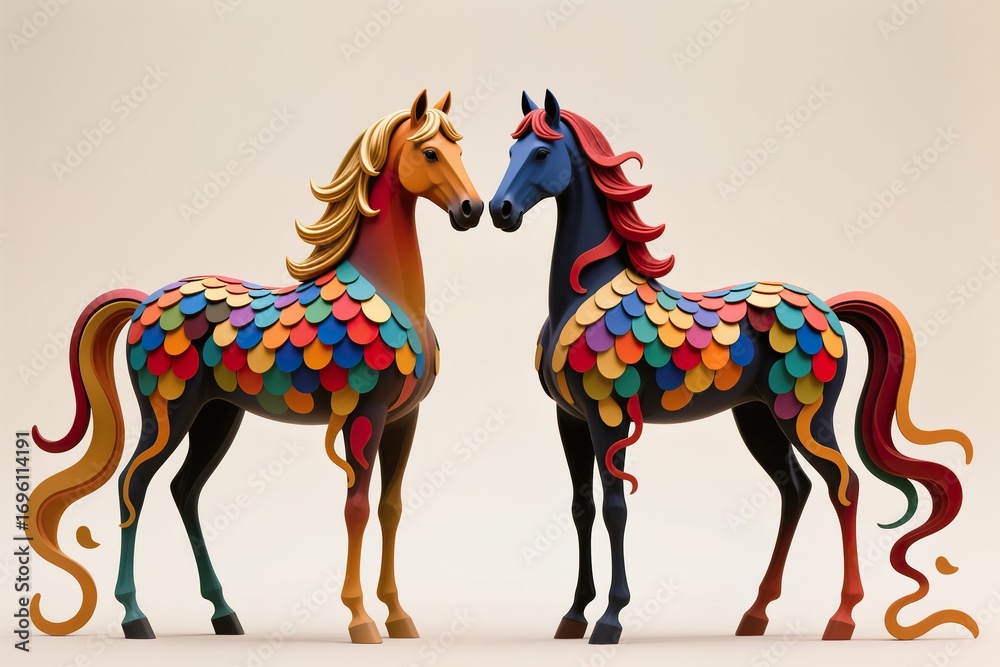 Obraz premium A surreal, simple 3d artwork of a Chinese New Year couple Horse, vibrant scales spilling outside edges with minimal design