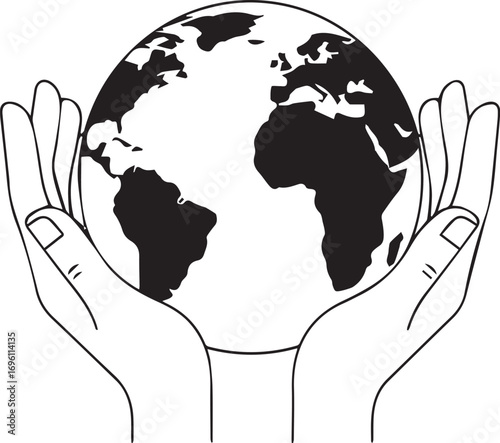 Two cupped hands gently cradle a stylized depiction of the Earth, showcasing continents and oceans.