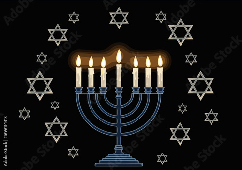 Beautiful hanukkah menorah illuminated with seven burning candles surrounded by many sparkling star of david symbols