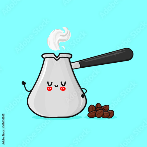Cute coffee pot cartoon character with coffee beans
