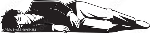 A stylized black and white illustration depicts a person in a suit lying down, appearing unconscious or defeated.