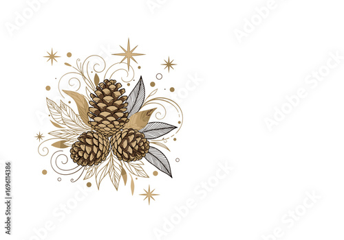 Elegant golden pinecone ornament illustration with swirling flourishes and starburst accents for festive decoration