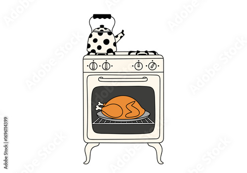 A vintage stove with a turkey roasting inside and a polka dot kettle on top