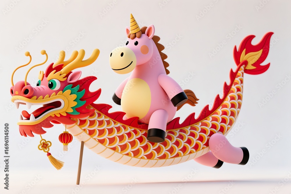 Fototapeta premium A surreal, simple 3d artwork of a Cartoon horse riding a dragon kite, playful New Year celebration, white base