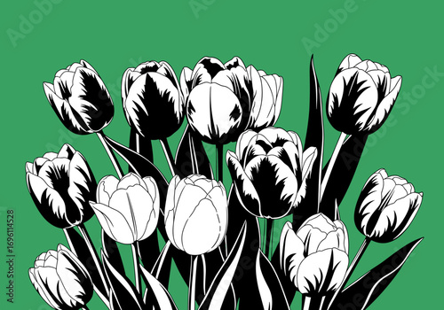 A lively bunch of stylized tulips in vibrant black and white against a bright green background