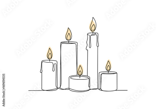 A delicate line drawing showcasing five burning candles of varying heights with dripping wax and warm glowing flames