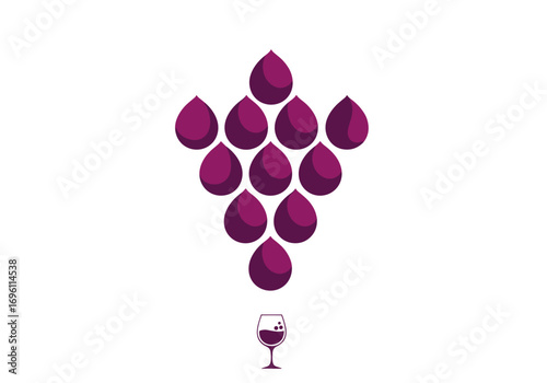 Juicy purple grapes forming a cluster above a sparkling glass of wine on a white background