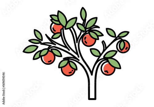 An artistic illustration of a small fruit bearing tree with red fruits and green leaves