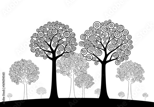 Whimsical trees with intricate swirl patterns on a simple landscape