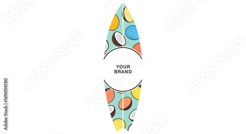 Colorful Surfboard Design with Playful Patterns Against White Background