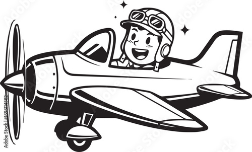 A cheerful cartoon child wearing aviator goggles and a helmet joyfully pilots a propeller airplane through the sky, with stars twinkling above.