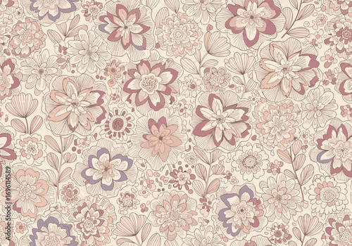 Delicate floral pattern wallpaper with muted rose and lavender blossoms on cream background