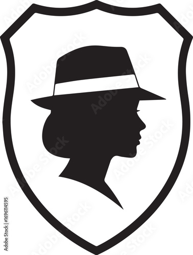 Silhouette of a woman wearing a fedora hat within a shield emblem.